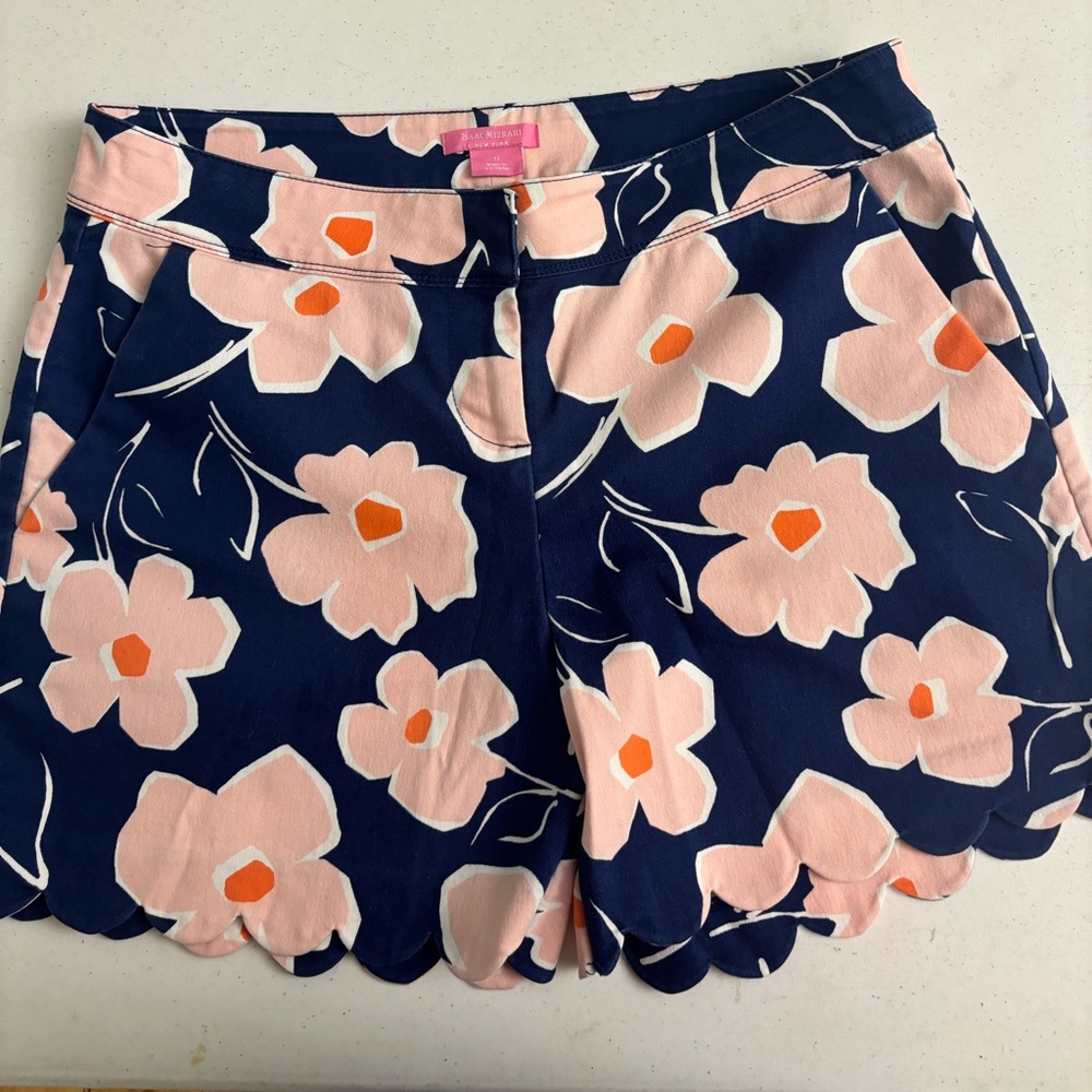 Size 12 Isaac Mizrahi Navy and Pink Floral High Waist Shorts preppy